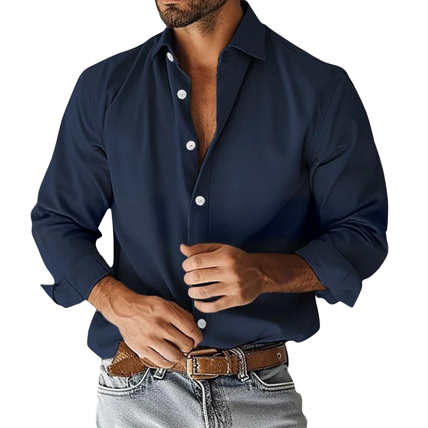 Mens Dress Shirts Fashion Long Sleeve Button Down T-Shirts Solid Plain Lapel Collar Untucked Business Casual Shirt