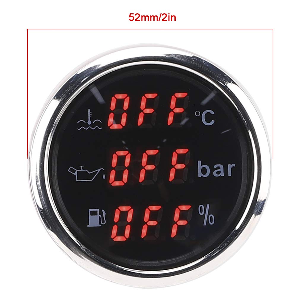 Indicatore Multifunzione 3 in 1 Indicatore Digitale Temperatura Dell'acqua di Raffreddamento Pressione Dell'olio Volume Dell'olio 52MM con Funzione di Allarme Per Car Boat RV(Piastra frontale nera)