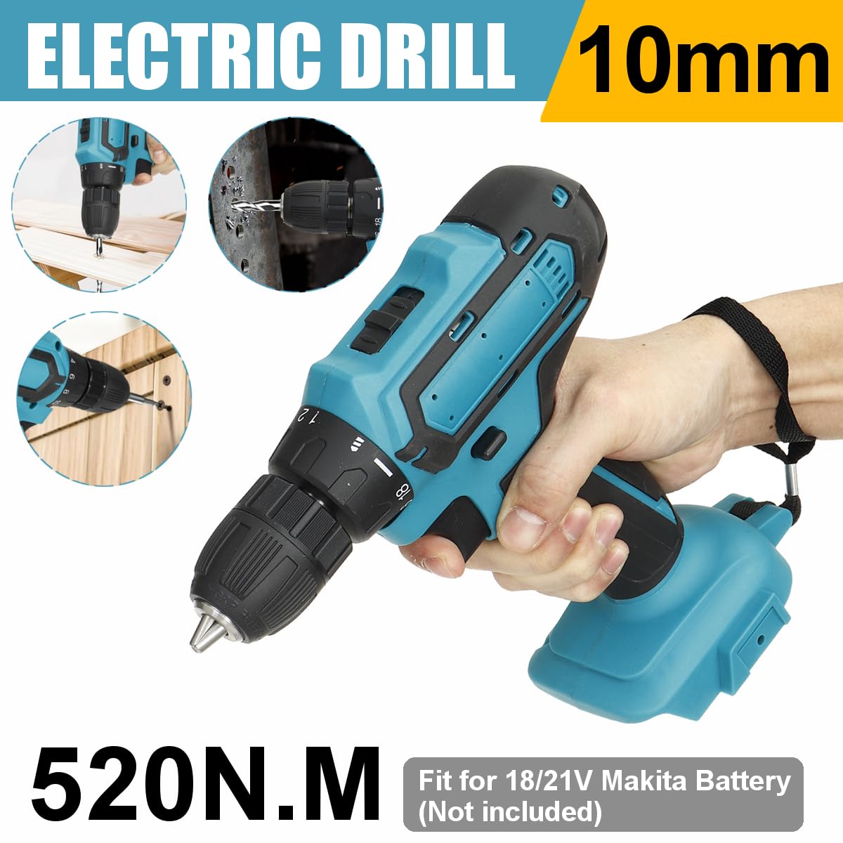 mała wiertarka, 10mm Uchwyt 520N.m. Wiertarko-wkrętarka akumulatorowa zamienna do akumulatora M 18V/21V