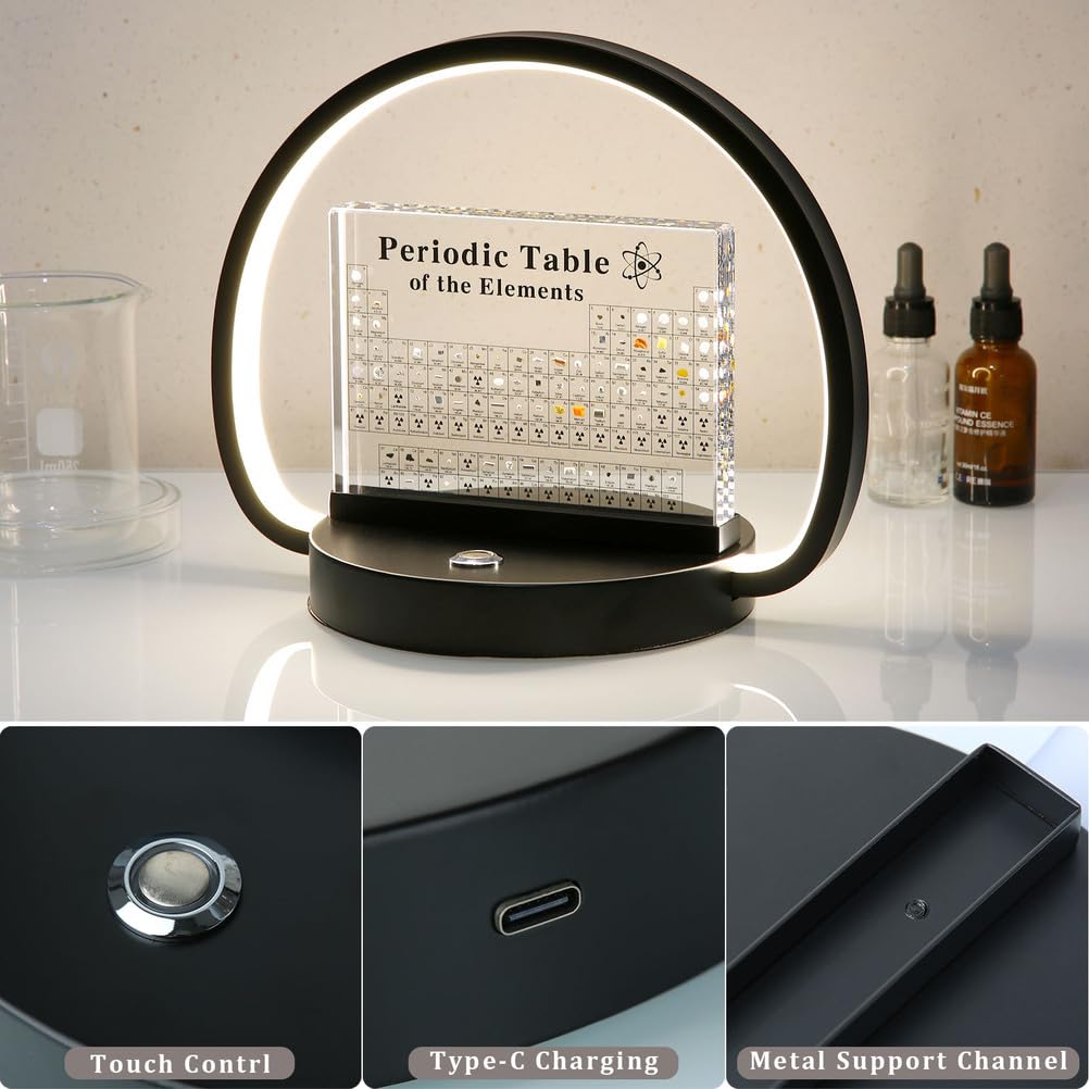 Tavola periodica con elementi reali all'interno - 83 tipi di elementi reali e espositore in acrilico,con lampada da scrivania a LED moderna dimmerabile per insegnanti studenti,Round black