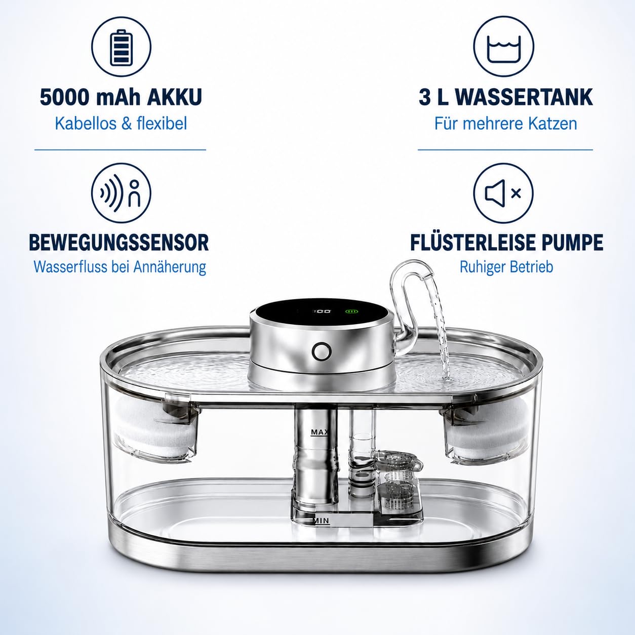 Fuente inalámbrica para gatos de 3 L con batería y detector de movimiento, fuente de agua para gatos de acero inoxidable, silenciosa fuente para gatos con filtro de carbón activo, fuente de agua para