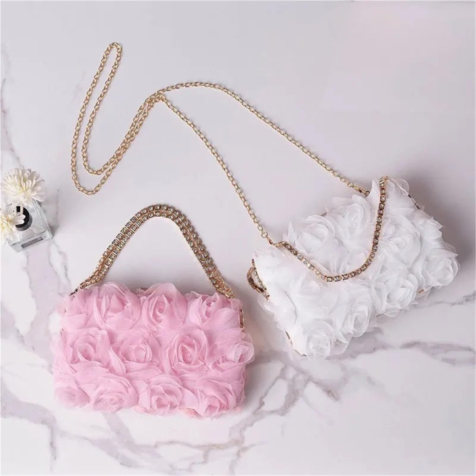 Damen 3D Blumen Clutch Tasche Frauen Süße Chiffon Floral Abend Party Handtasche Luxus Handgemachte Strass Kleid Tasche Büro Dame Vielseitige Umhängetasche