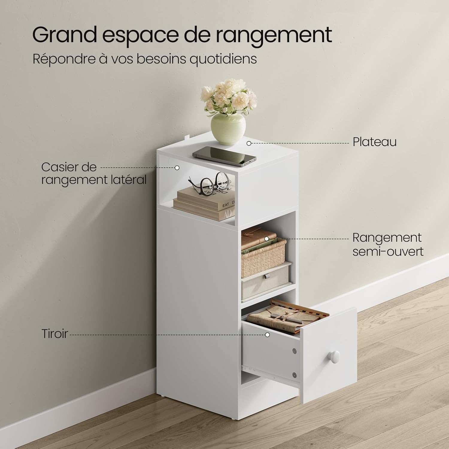 Lot de 2 Table de chevet avec poignées dorées et 2 tiroirs, motif