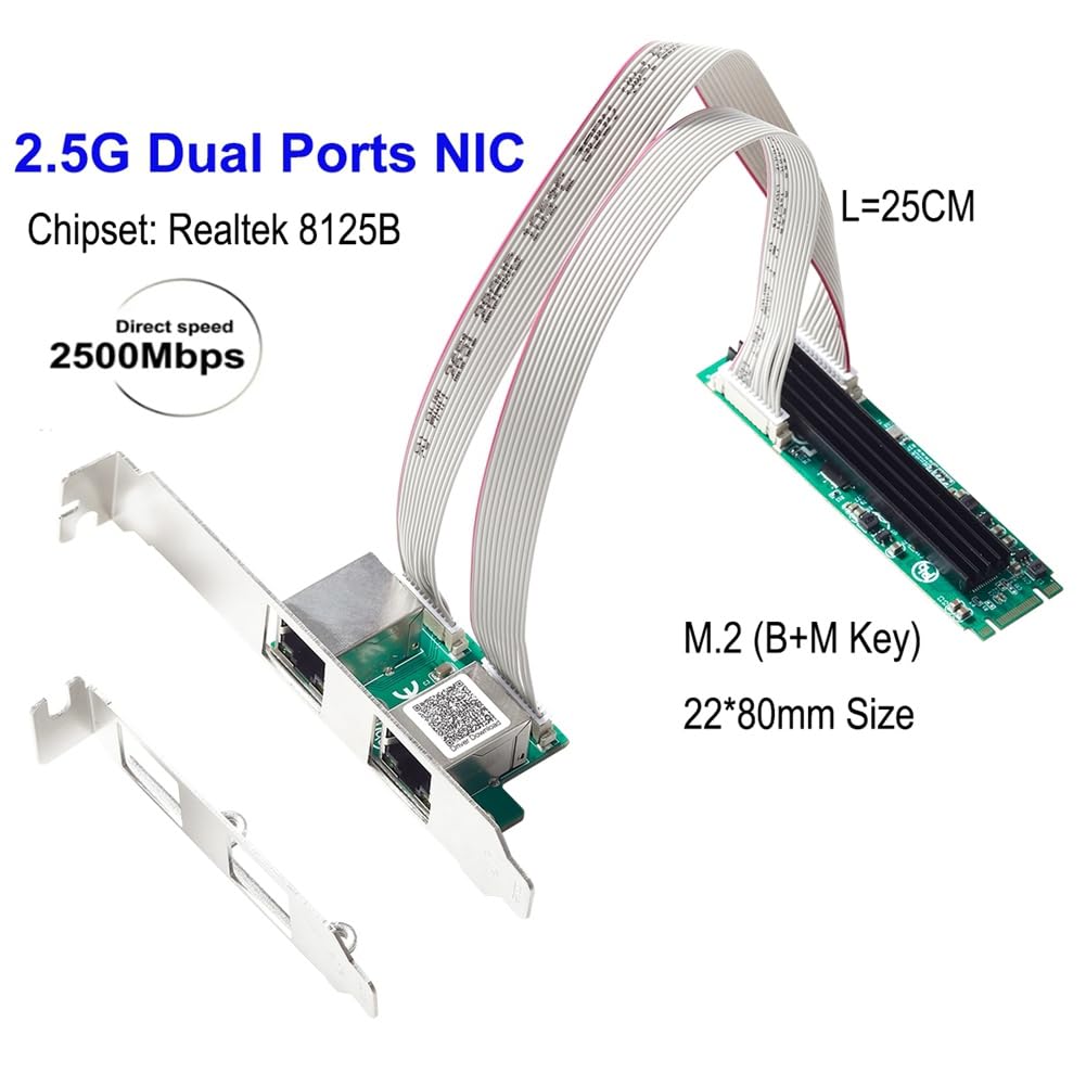 Scheda di rete Ethernet NIC M.2 a doppia porta 2,5 G M.2 22 X 80 mm Dimensione B Key e M Key 2500 Mbps RTL8125B Chipset