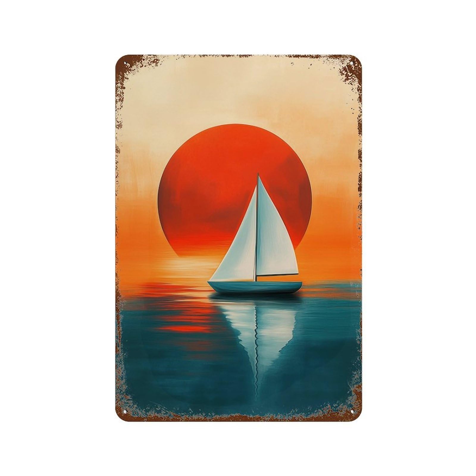 Sunset Sailboat Reflection Art Print 11.8"x7.9" Distressed Metal Wall Sign, Shabby Chic Decor for Shed, Workshop And Garage Wall Decor