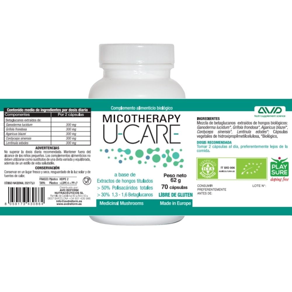 MICOTHERAPY U-Care Mushroom Complex 5 Hongos Medicinales Reishi, Maitake, Agaricus Blazei, Cordyceps y Shiitake para el Sistema Inmunológico, la Energía, la Memoria 70 Cápsulas Sin Glúten