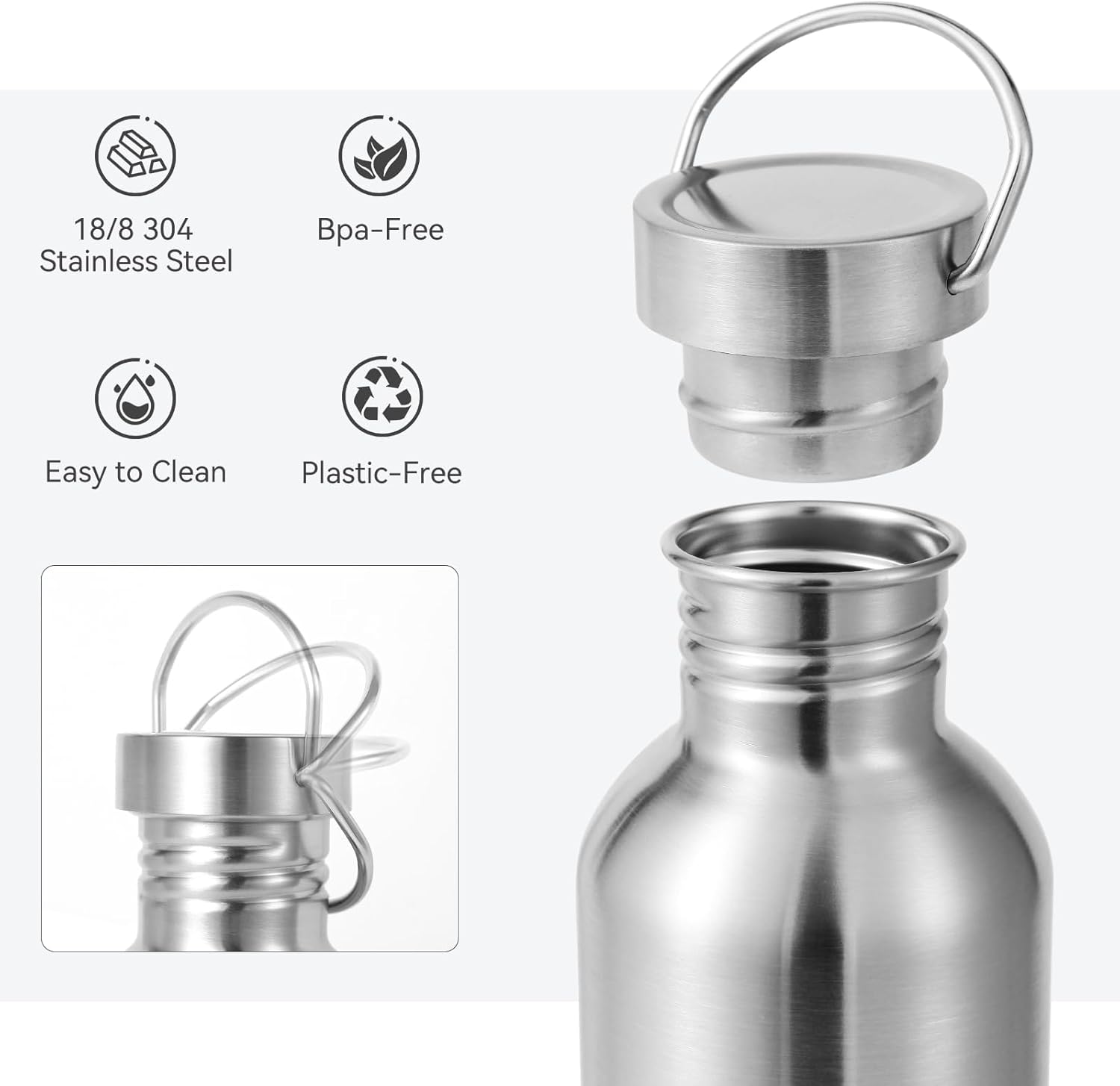Volhoply 12oz Uninsulated Single Walled Water Bottle 4 Pack, Stainless Steel Reusable Water Bottles with Handle, BPA Free & Plastic Free 18/8 304 Metal Water Bottles for Camping, Hikers, Cyclists