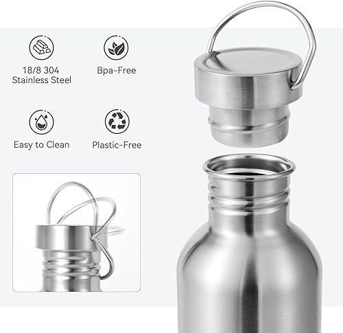 Miniatura 3 de Volhoply Paquete de 4 botellas de agua de acero inoxidable reutilizables de pared única sin aislar de 26 oz, botellas de agua con asa, libres de BPA