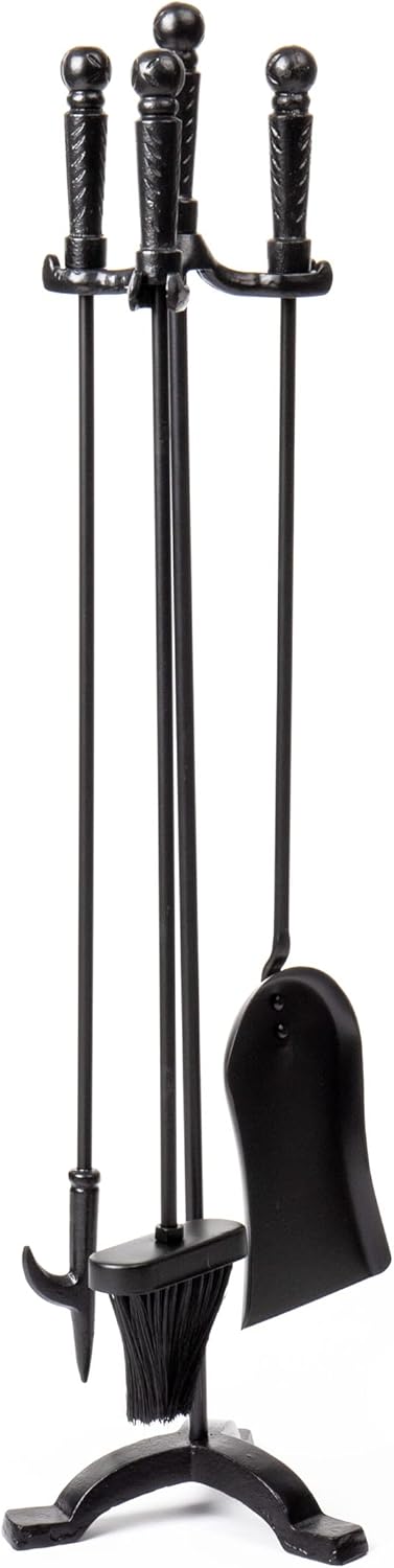 Mind Reader 4PCFIRE-BLK 3 Piece Stand Alone Fire Place Set, Iron Steel Construction, Includes Stand, Brush, Shovel/Scooper, Poker, Black