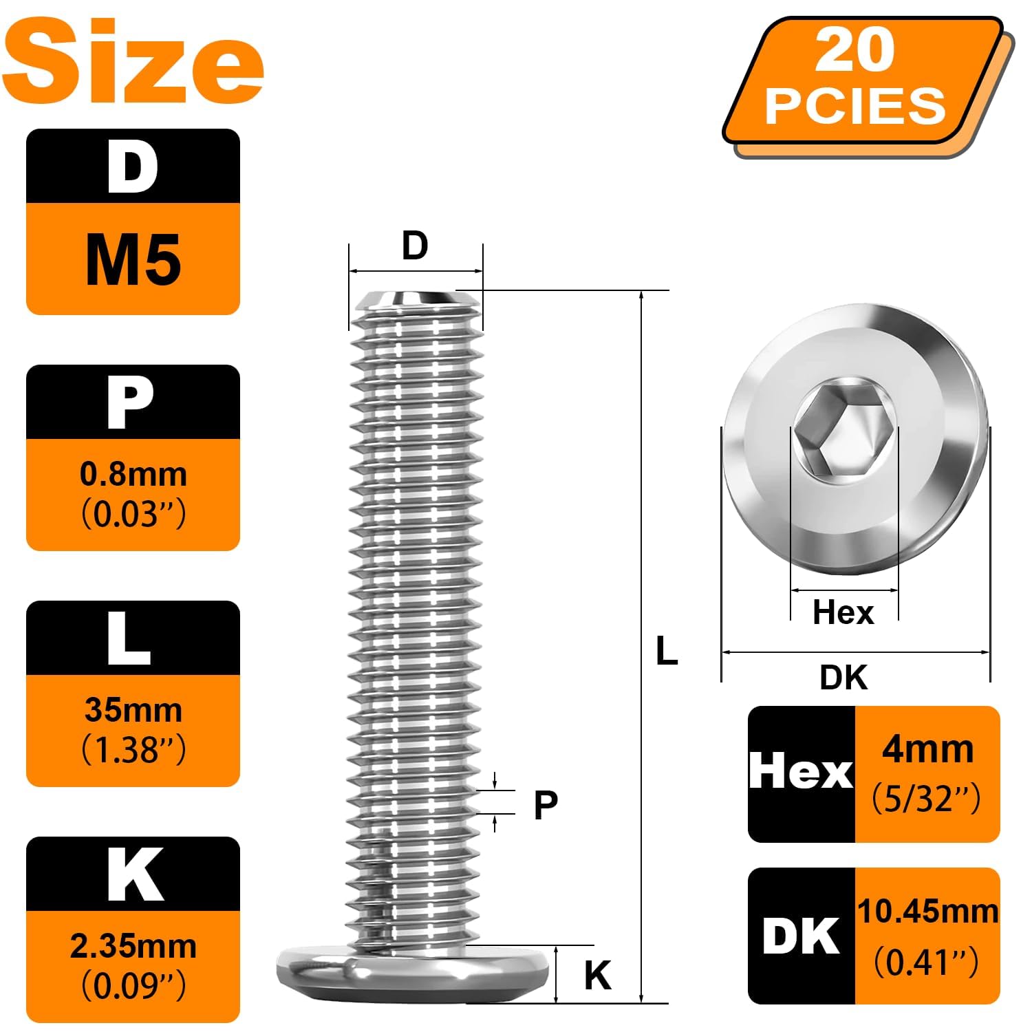 M5 Furniture Bolts, M5 x 35mm Hex Socket Flat Head Machine Bolts Screws - Image 2