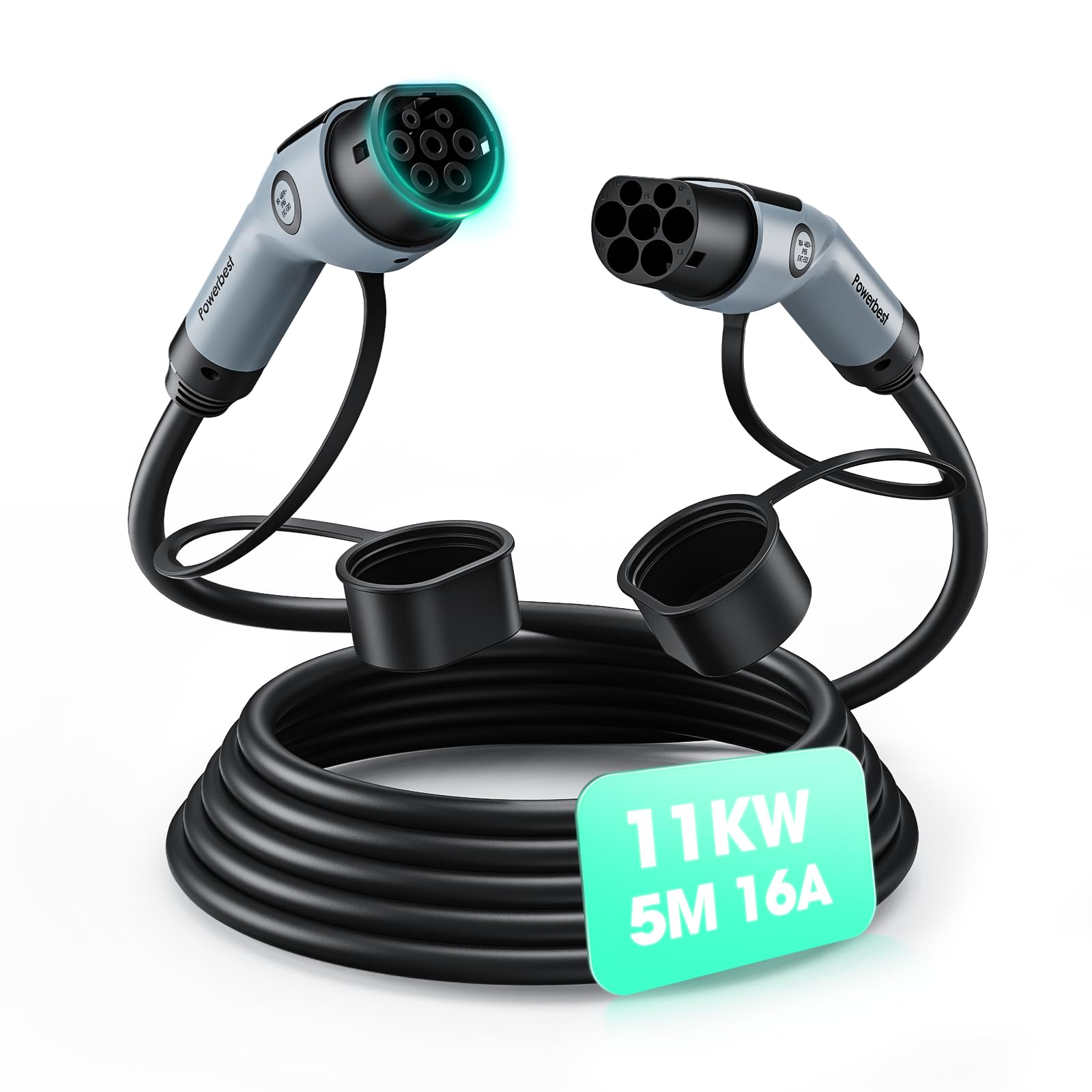 Typ-2-Ladekabel, 11KW 5M 16A Dreiphasiges E-Auto-Ladekabel Typ 2 auf Typ 2 Mode 3 für Elektro- und Hybridfahrzeuge – Kompatibel mit Model S/3/X/Y, e-Golf, ID.3, i3/i8