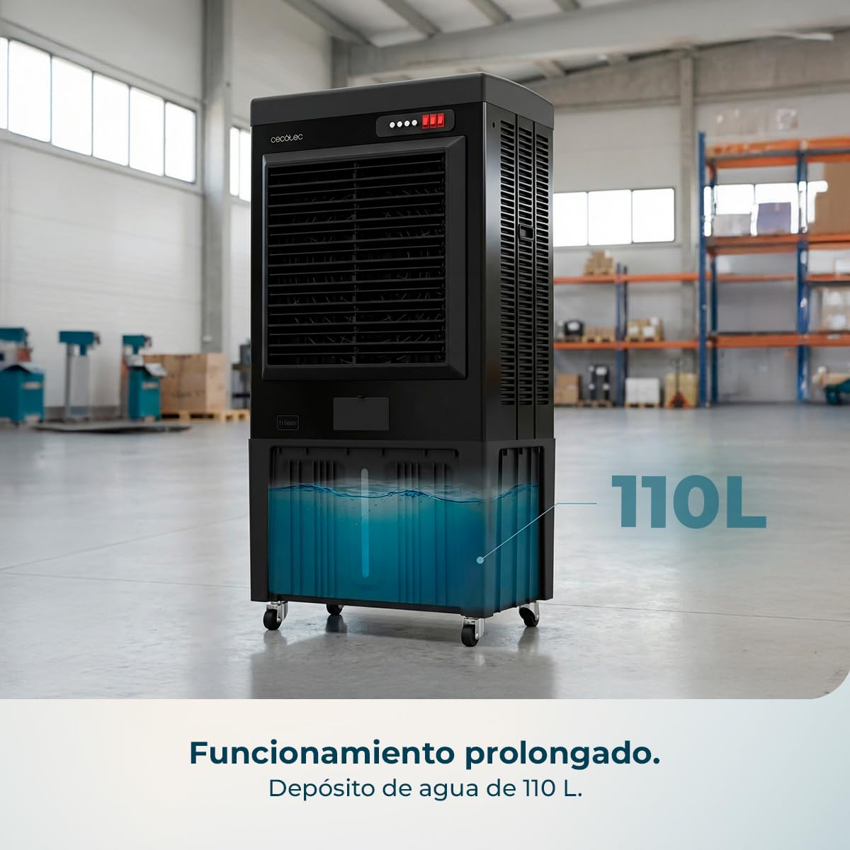 Cecotec Climatizador Evaporativo Industrial AirIndustry 110000. 350W, Depósito de 110 litros, Caudal de 9000 m3/h, 3 Velocidades Ajustables, Oscilación, Ruedas Multidireccionales