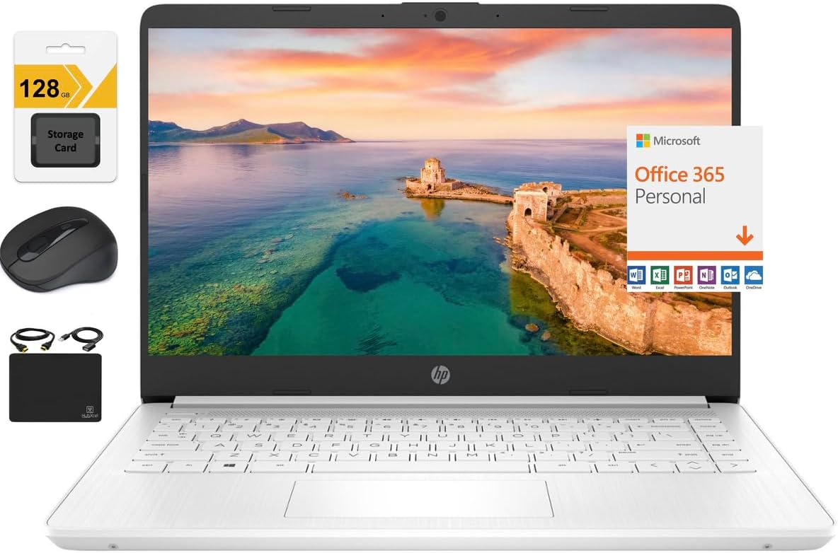HP New 14″ HD Ultral Light Thin Laptop, Quad-Core Intel Celeron Processor, 8GB RAM, 192GB (64GB eMMC+ 128GB SD), Wi-Fi, Upto 11 Hours, Windows 11 S + 1 Year Office 365+HubxcelAccessory, White