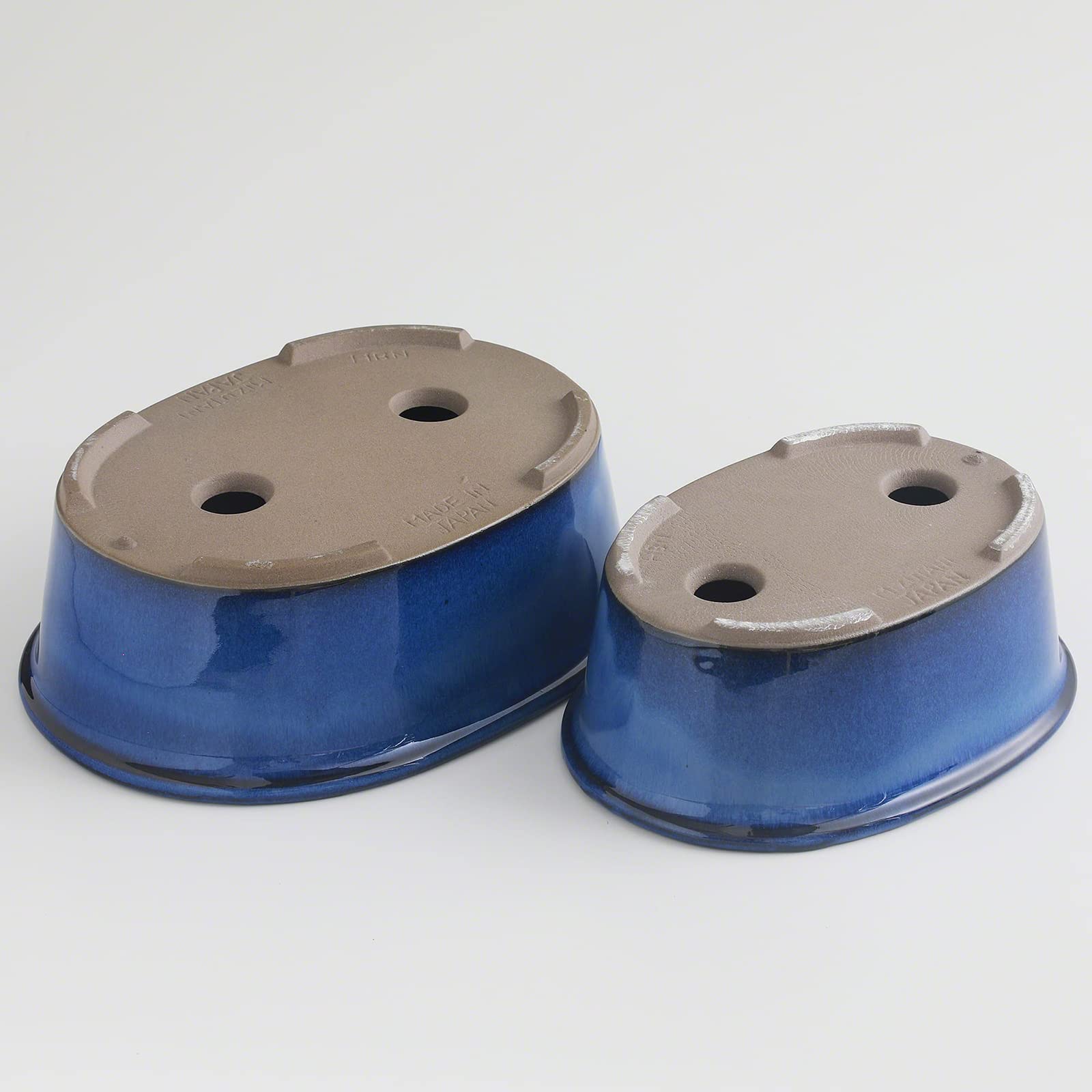 Wazakura Serie Banko Set di 2 Vasi per Bonsai Fatti a Mano con Fori di Drenaggio Realizzati in Giappone, Vasi Decorativi Ovali per Fiori, Ciotole Smaltate per Piante da Interno - Set Blu 2 Pezzi