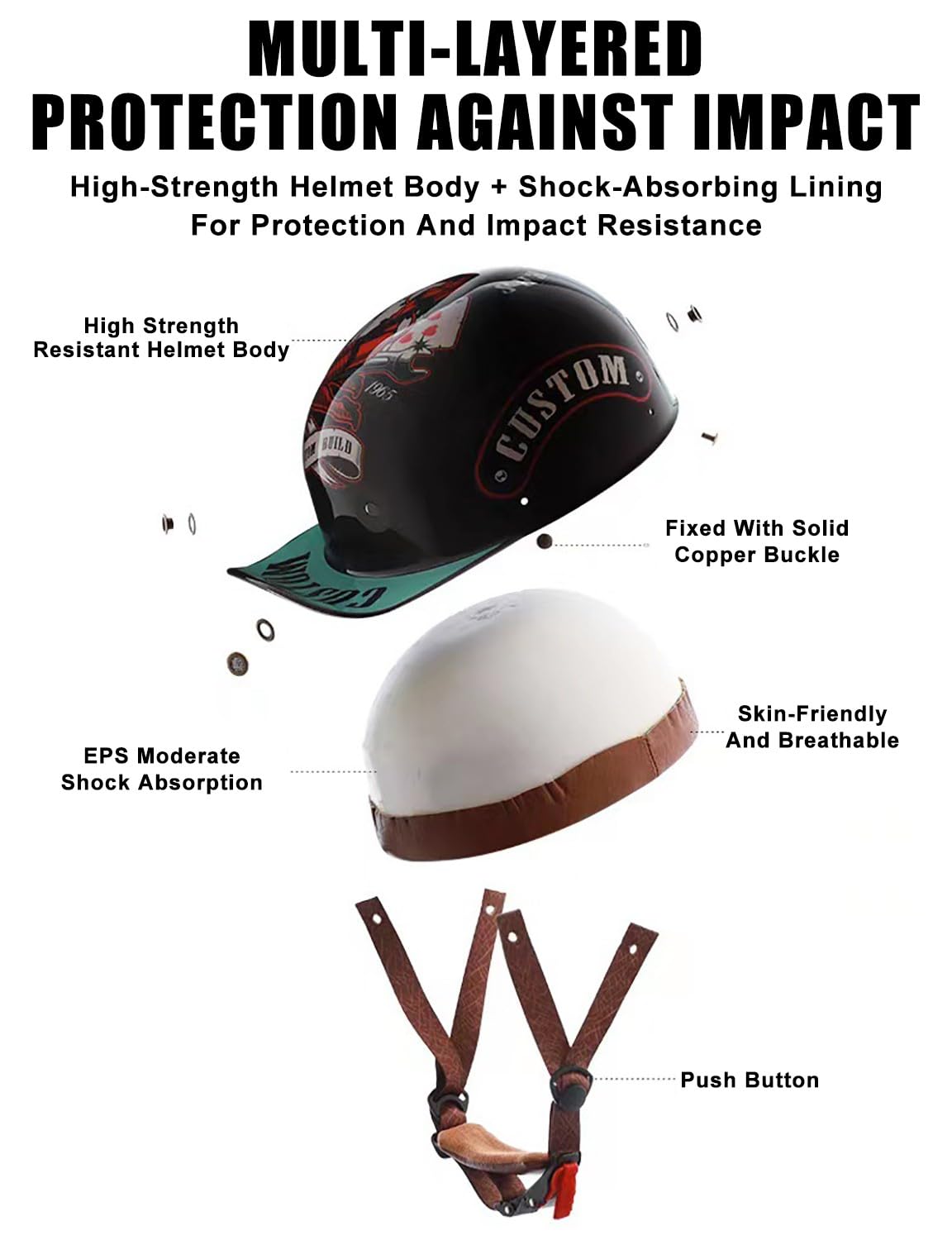Kask motocyklowy Vintage Open Face Retro Baseball Cap Half Helmets with ECE Certification, Men Women Open Face Motorbike Helmet For Cruiser Chopper Scooter