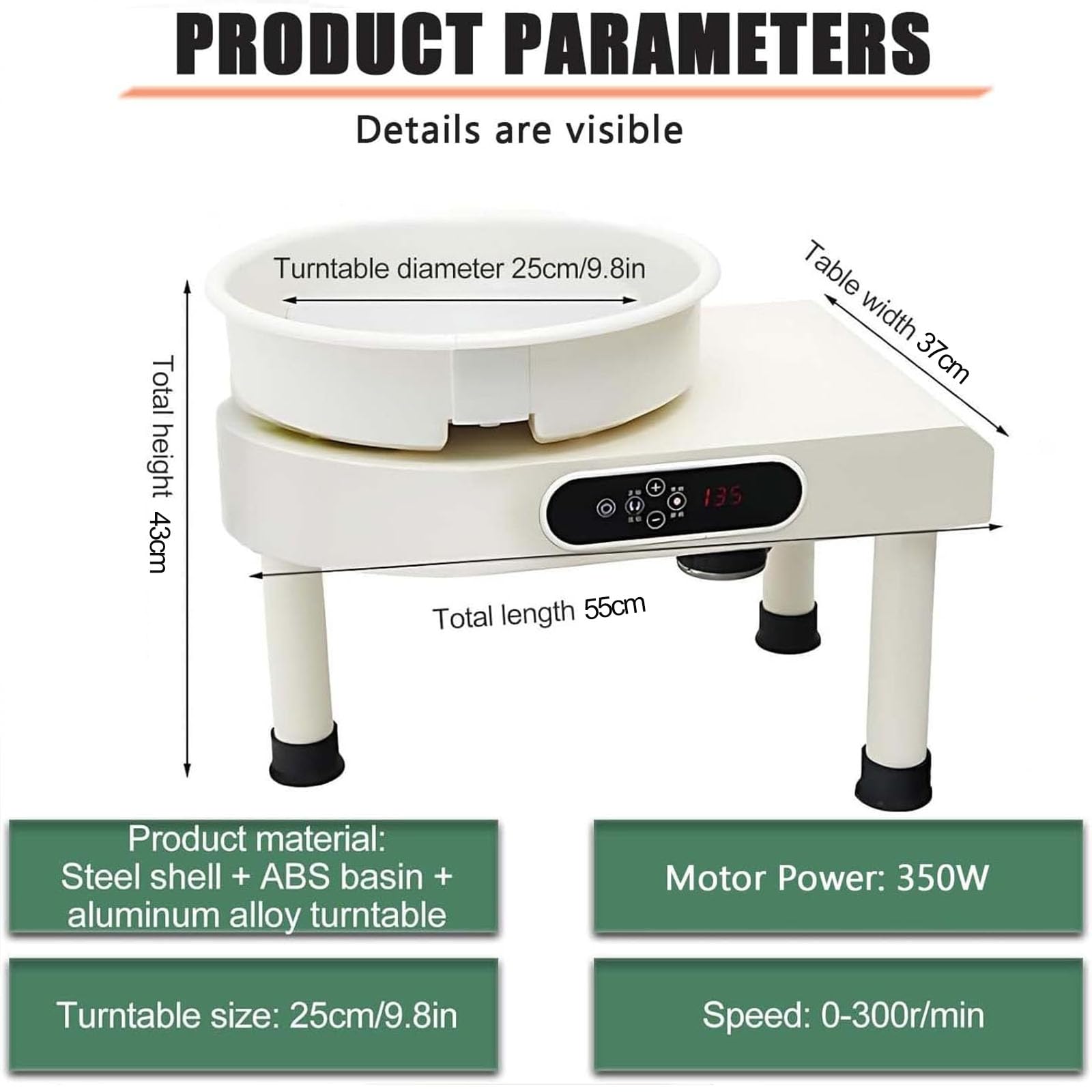 Kit de torno de alfarero, máquina para dar forma a la cerámica con pedal y pantalla LED, ajustable hacia adelante o hacia atrás, bajo nivel de ruido, para la enseñanza de arte para principiantes.