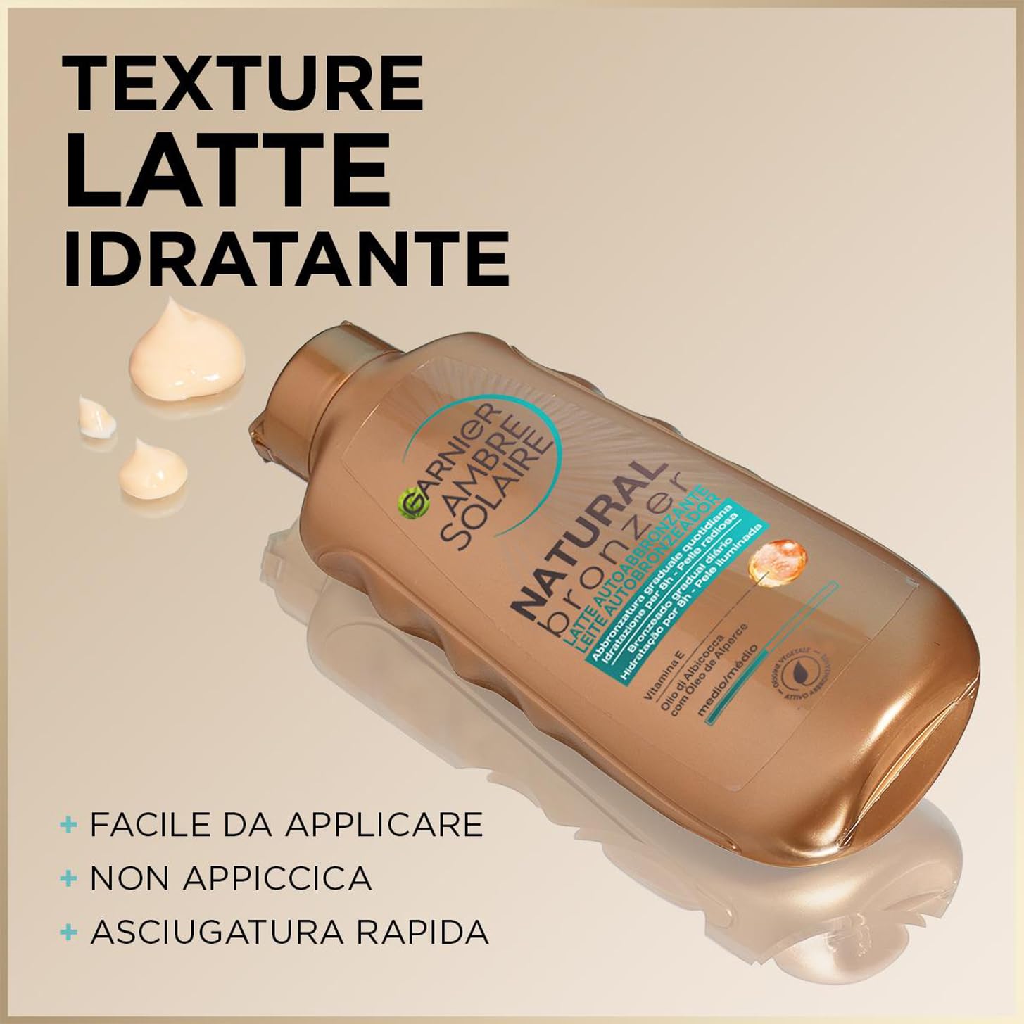 Garnier Latte Autoabbronzante Natural Bronzer, Per un'Abbronzatura Uniforme e Naturale, A Rapido Assorbimento, Azione Idratante e Levigante, Con Olio di Albicocca e Vitamina E, Ambre Solaire