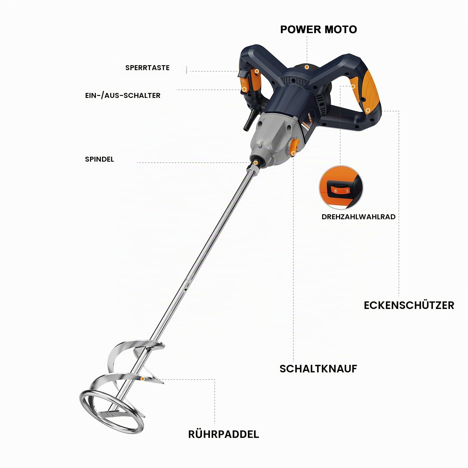 MAXXT 1400W Rührwerk mit 2-Gang-Getriebe & Sanftanlauf | M14 Rühreraufnahme | Dauerleistungsmotor | Inkl. 140mm Rührquirl + 2 Schlüssel | Leerlaufdrehzahl 0-480/800 U/min | 220-240V 50Hz