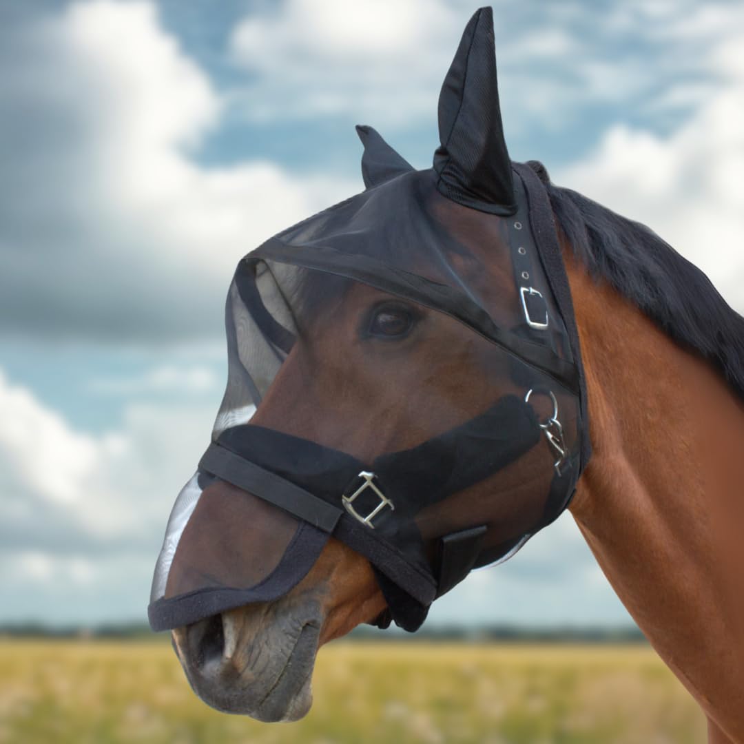 PFIFF 103125 "Big Eye" Fly Mask with UV Protection, Removable Nose Protection, Insect Protection, Breathable, Black, Pony