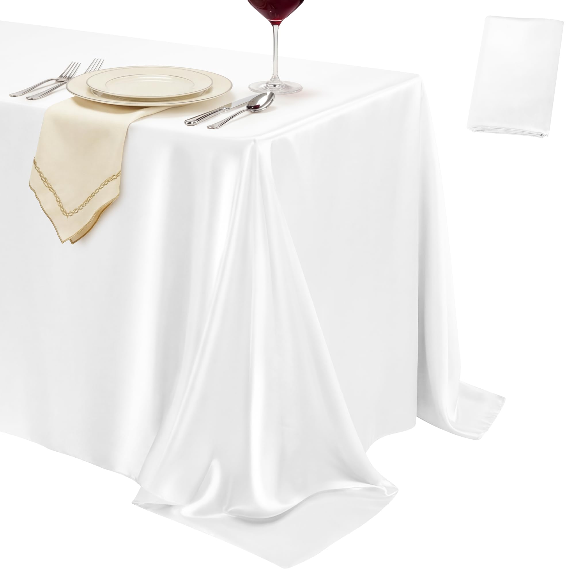 Photo 1 of COSINIA 1 Pack White Satin Tablecloth 58 x 102 Inches, Rectangular Satin Table Cloths for Wedding Reception, Birthday Party, Graduation & Holiday Banquet Tables