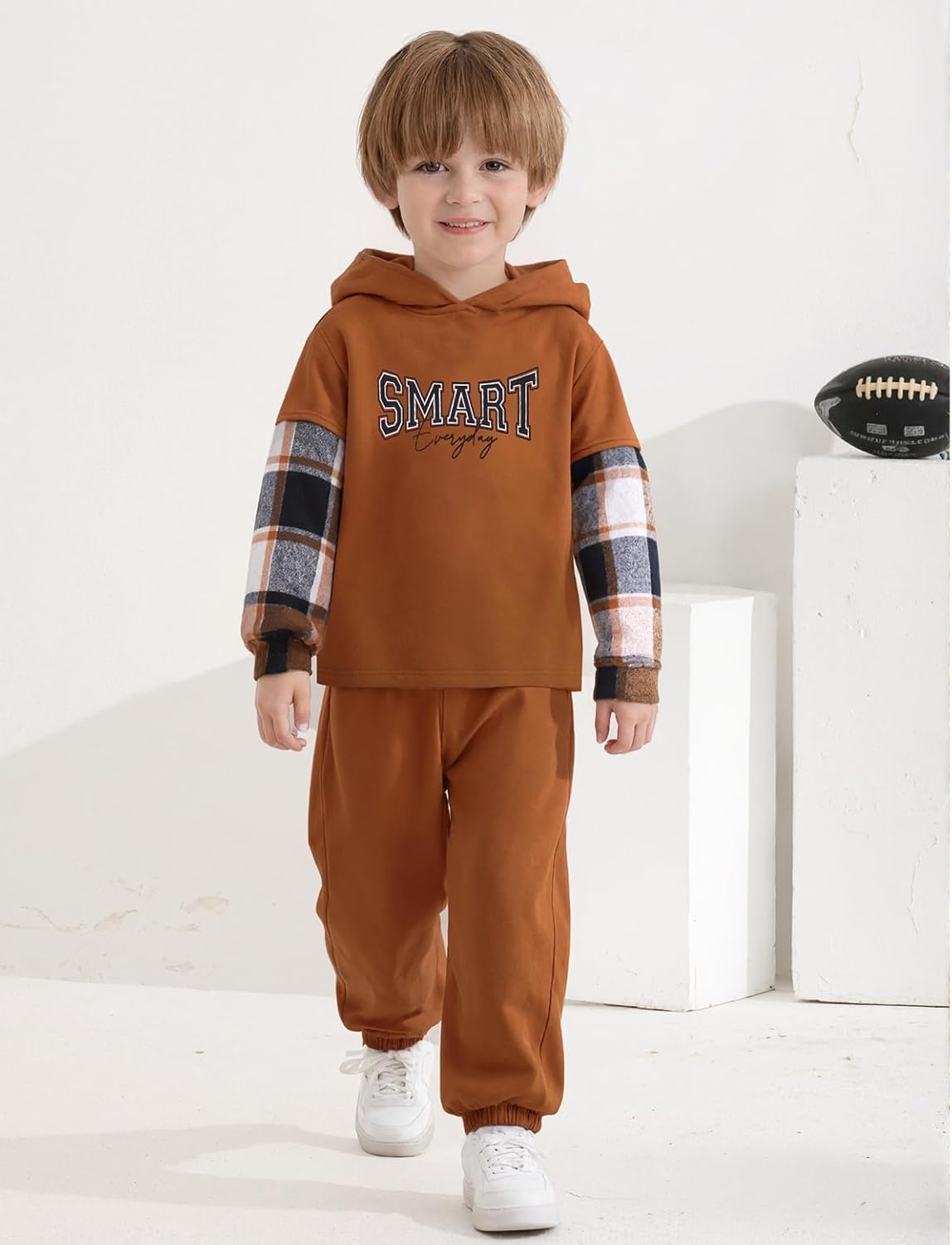 Zupora Toddler Boy 2 Pc Outfit Long Sleeve Tracksuit Plaid Hoodie Jogger Pants Fall Winter Clothes Set for Casual School 2-6T - Image 2