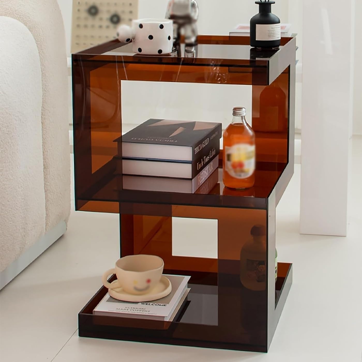 SXZenSpace 3-Tier Clear Acrylic Side Table Small Nightstand Coffee with Storage for Living Rooms & Spaces Solid Construction(Brown)