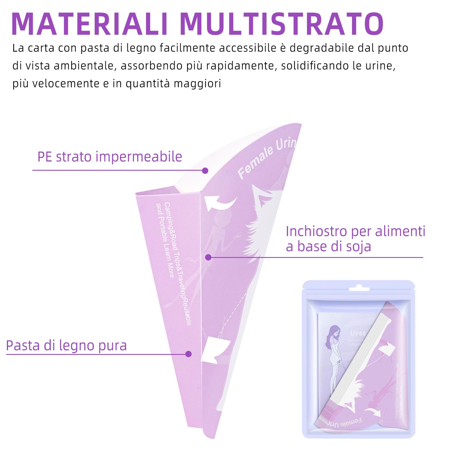 Pipilotta Femminile Urinella per Donne 30 Pezzi Coni per Pipi USA e Getta da Viaggio Campingklo