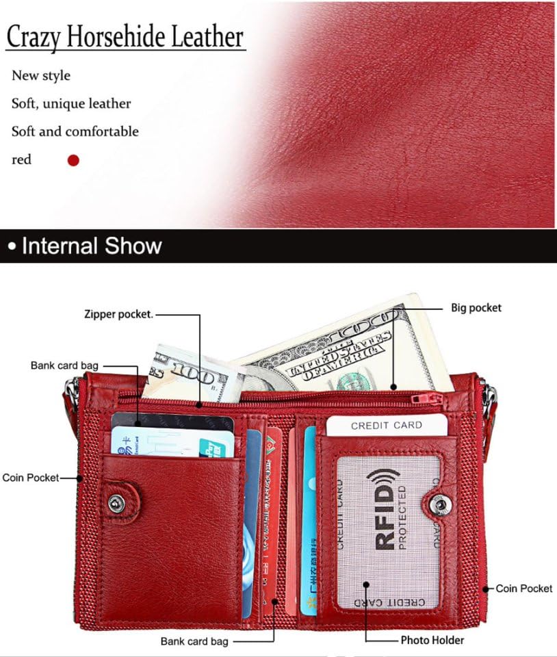 Woman RFID Blocking Bifold Wallet Soft Genuine Leather,Womans wallet Girl wallets coin purse, high-Capacity Billfold with 7 Credit Cards Holder,USD Euro pound Holder, Flip Up ID,Gifts for Women girls2