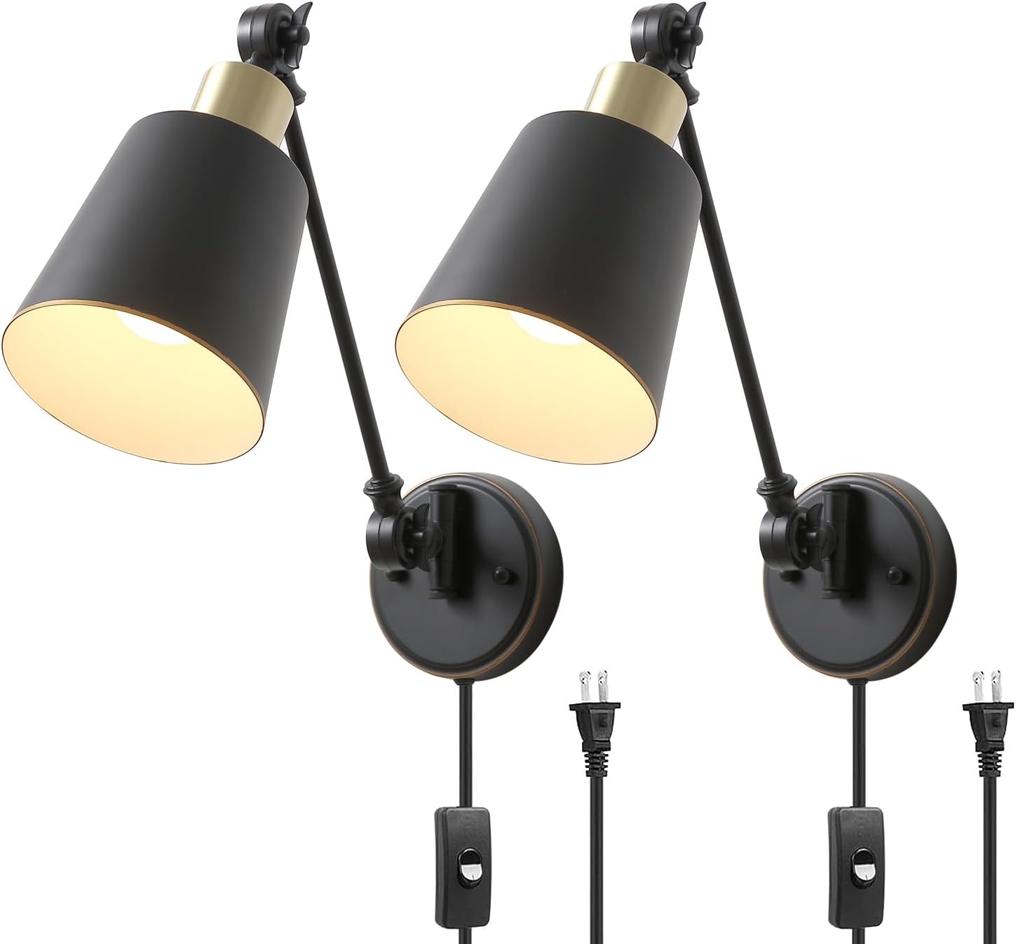 Plug in Wall Sconce Set of 2, Modern Rotatable Plug in Wall Light with On/Off Switch Cord for Headboard Bedroom Living Room,Bedroom,Bar, Plug in Wall Lamp E26 Base. Oil rubbed bronze +Gold 2 PACK