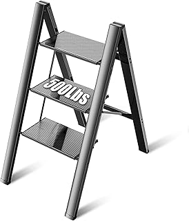 3 Step Ladder, Folding Step Stool with Wide Anti-Slip Pedal, 500lbs Sturdy Steel Ladder, Convenient Handgrip, Lightweight, Portable Steel Step Stool,