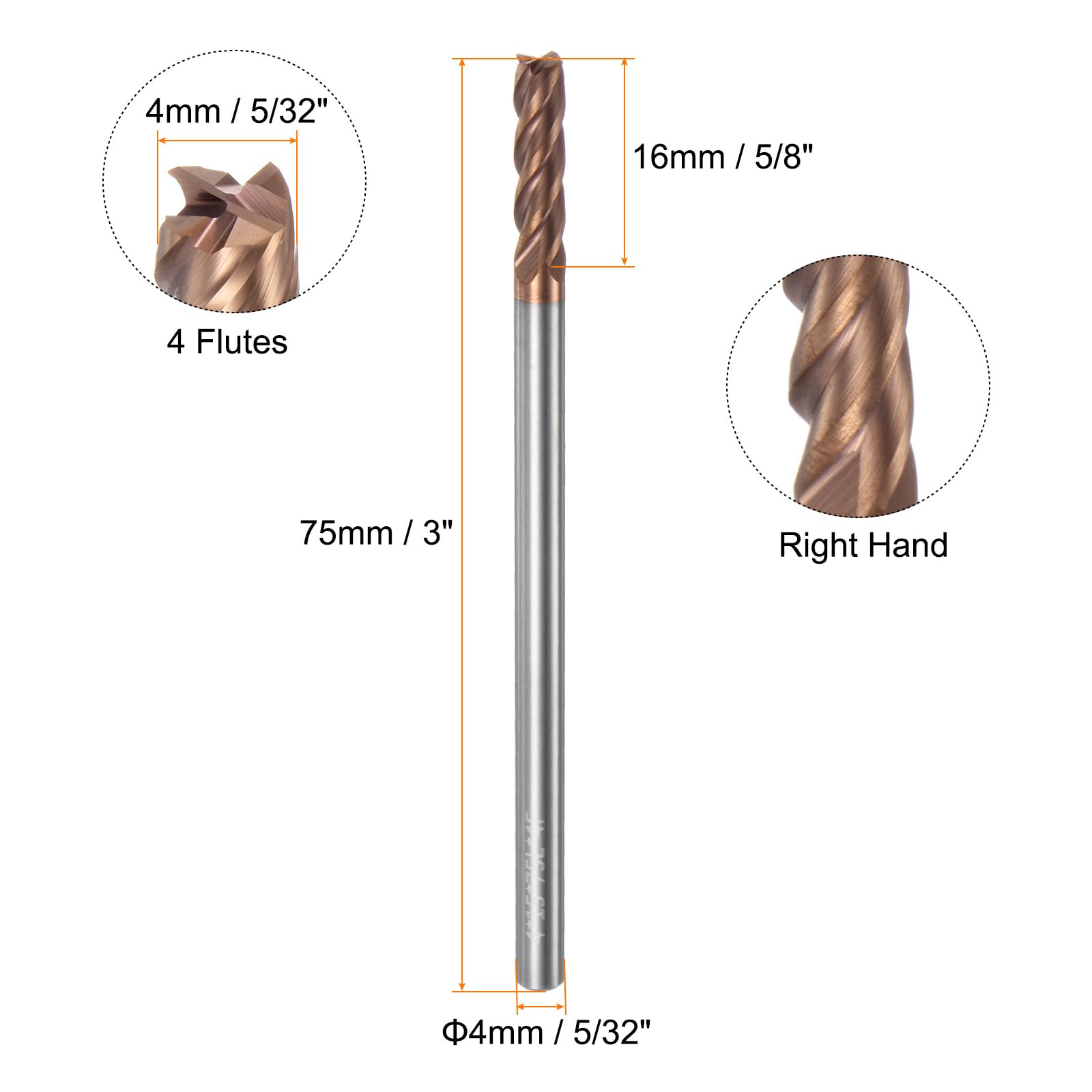 QUARKZMAN 5 szt. Frezy kwadratowe z węglika spiekanego 4 mm (5/32") średnica 4 mm (5/32") trzpień 75 mm (3") bardzo długi Hrc55 węglik wolframu mikroziarnisty 4 ostrza frezy aluminiowe miedź metal