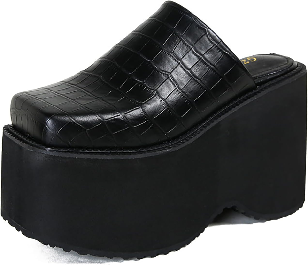 Women's Leather Print Platform High Heel Mules Fashion Closed Square Toe Slip On Wear-Resistant Chunky Increase Height Clogs for Outdoor Office Dress Slippers