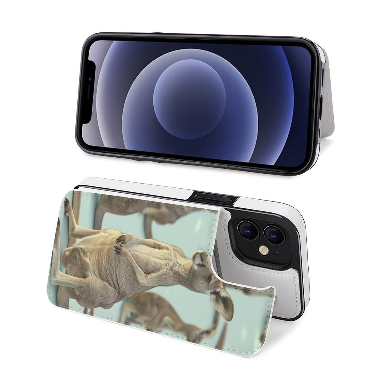 Fundas tipo cartera para iPhone 12, divertidas impresiones de zoológico de canguro, funda de piel con ranuras para tarjetas