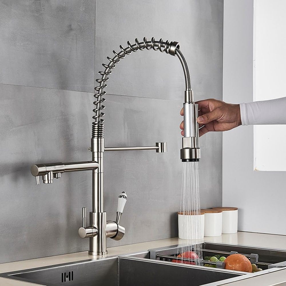 FCXWEVR Rotatable Dual Handle Water Faucet Filter Cold & Hot Water Mixer Tap with Purification Brush Nickel Finish for Kitchen & Bathroom Dual Model Design