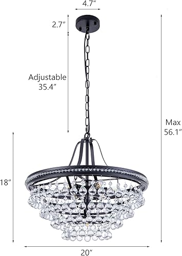 Miniatura 3 de Wellmet Candelabro de cristal negro de 20 pulgadas, 4 niveles modernos de lujo para comedor, lámpara de lágrima redonda para dormitorio, isla de