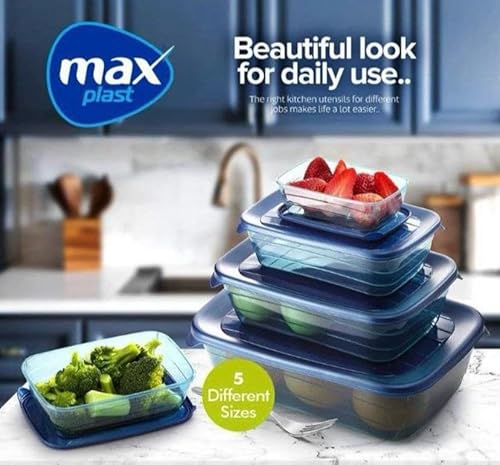 طقم علب حفظ طعام مستطيلة من ماكس بلاست، 5 أحجام مختلفة (250-500 - 900-1500 - 3000 مل) متعددة الالوان