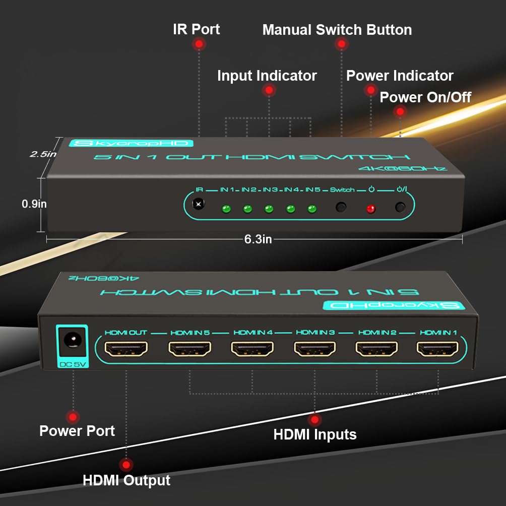 SkycropHD 4K60Hz Conmutador HDMI de 5 Puertos HDMI 2.0 con Control Remoto, conmutador automático, HDR10, Dolby Vision, Dolby Atmos, 18Gbps, CEC