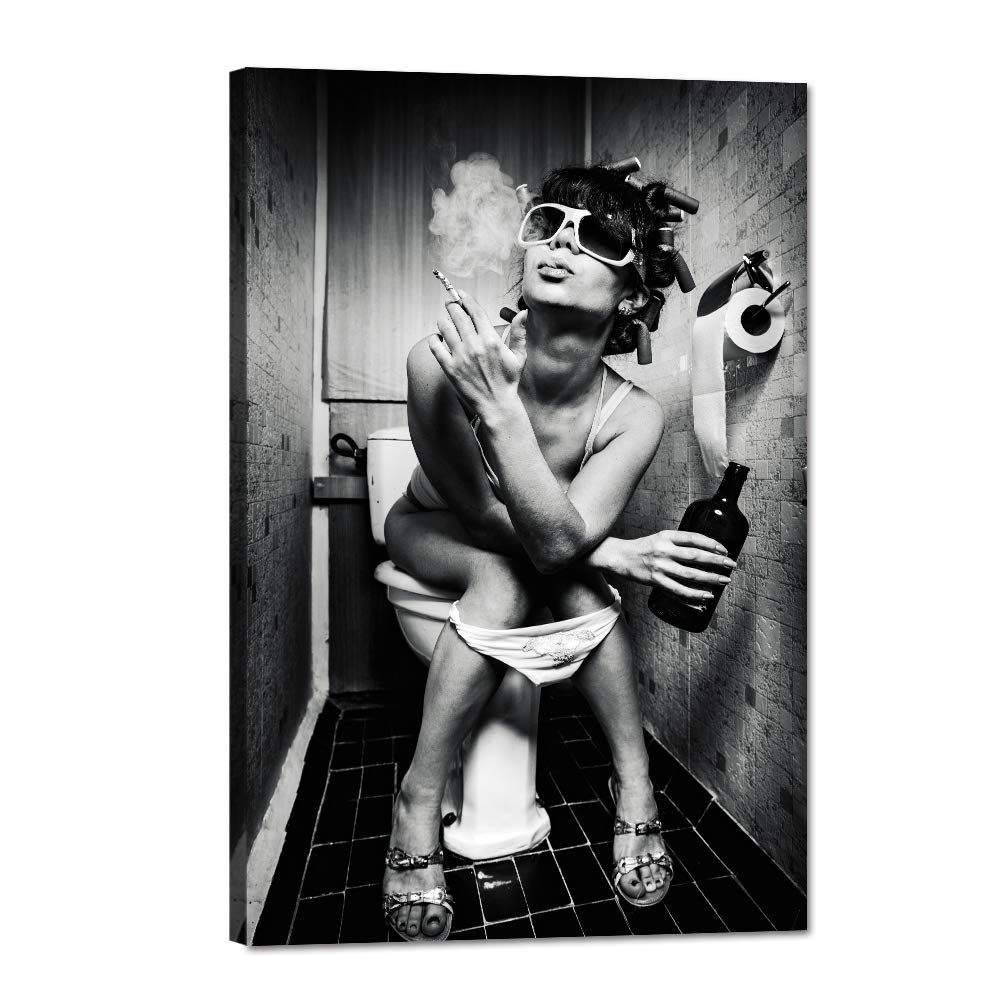Modern Fashion Sexy Woman Canvas Art Smoking Lady Sitting in A Toilet with An Alcohol Bottle Painting Prints on Black and White Posters for Bathroom Bedroom Decor, Framed 12''L x 16''W