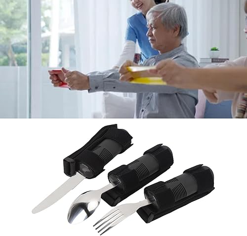 Miniatura 5 de Juego de utensilios adaptativos de 3 piezas utensilios con peso para temblores de manos, equipo adaptativo para ancianos con asas de fácil agarre