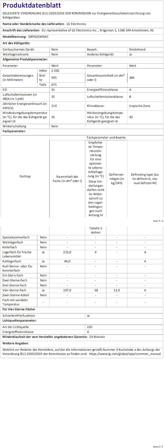 LG GBP62SWNAC Kühl-/Gefrierkombination, Klasse A, 384 L, Super White | DoorCooling+, LINEARCooling, Innendisplay, 59,5 x 203 x 67,5 cm