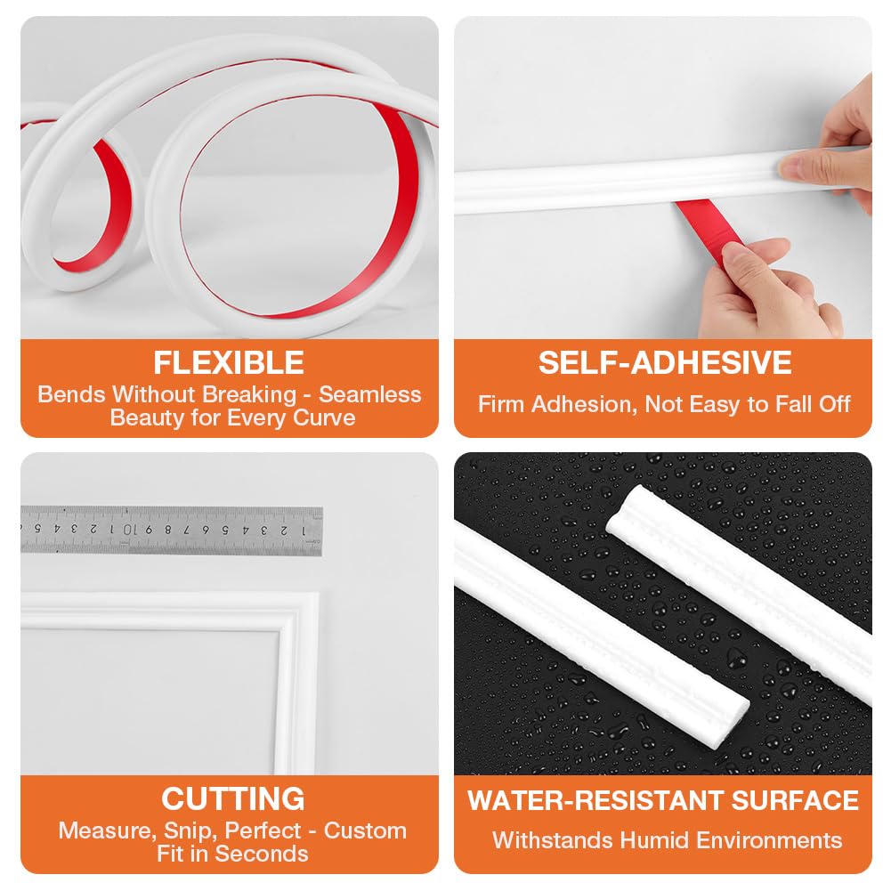 Listones Autoadhesivos para Decoración de Pared, 2.2cm x 3m, Molduras Decorativas Flexibles para Paredes Molduras, para Decoración DIY, Kits de Moldura Adhesiva para Rodapies Zocalos,Blanco