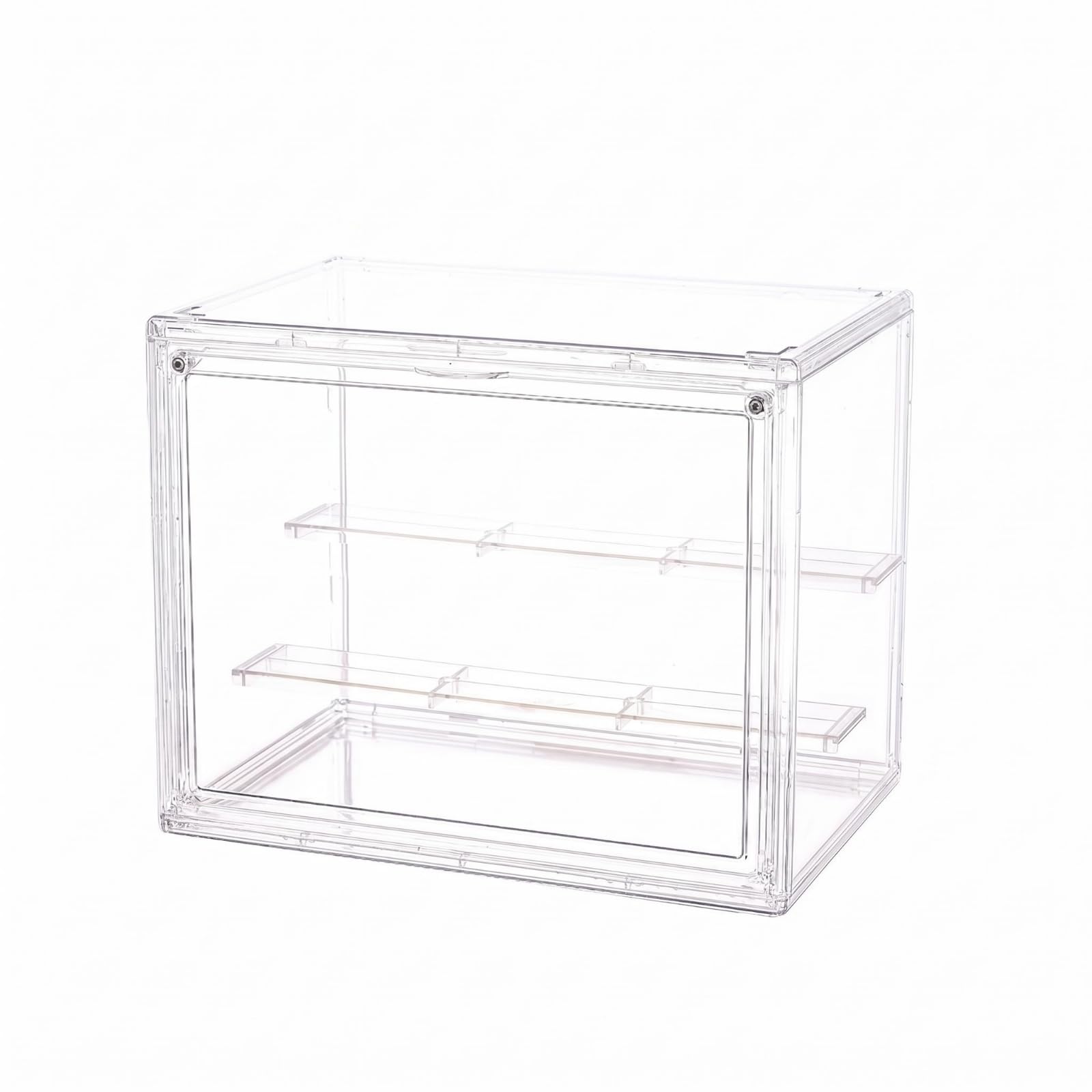 Custodia Trasparente Scatola Contenitore Portaoggetti Espositore con Sportello in PET Plastica Adatto per, 27 22 18cm Con 2 Ripiani, PET Completamente Trasparente