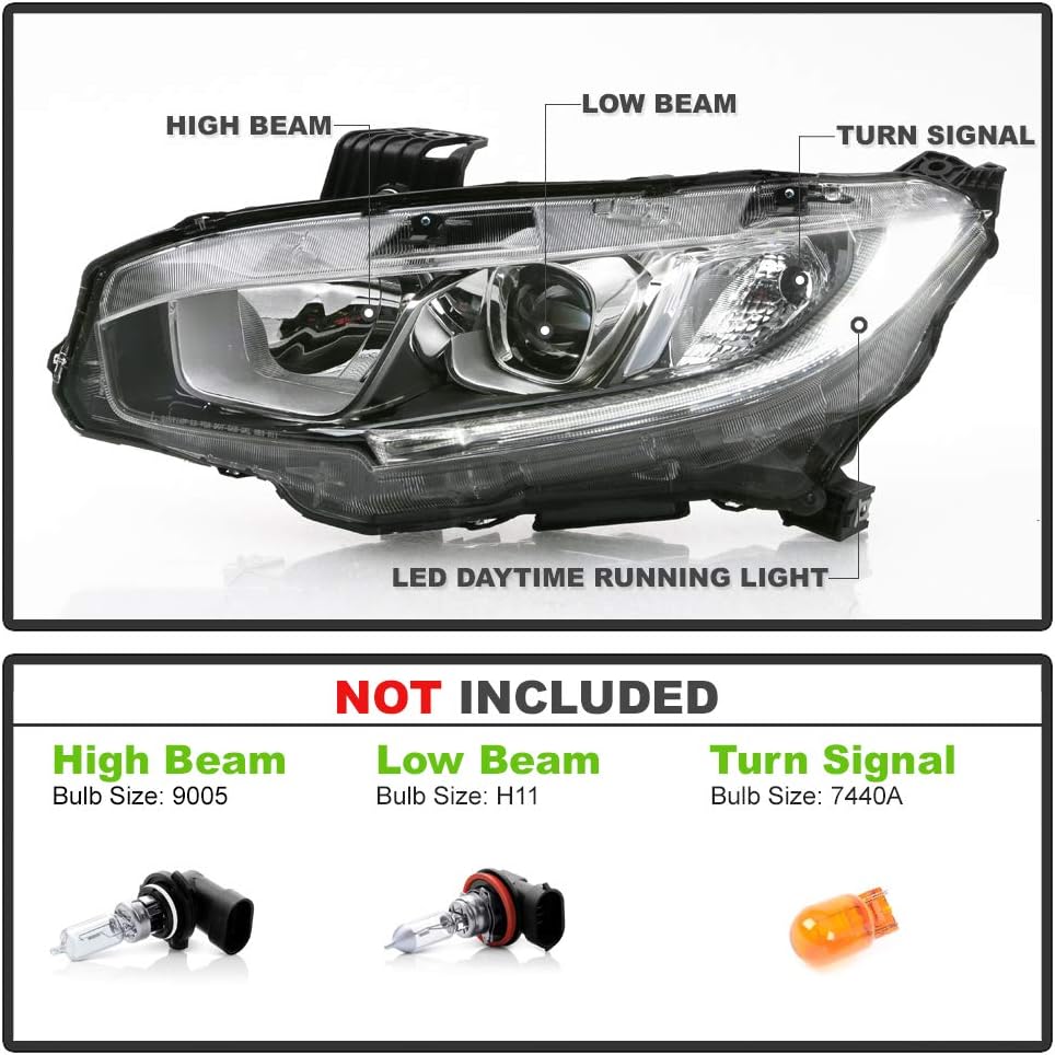 ACANII - For [Halogen Model] 2016-2021 Honda Civic LED DRL Projector Headlights Headlamps Pair Driver & Passenger Side