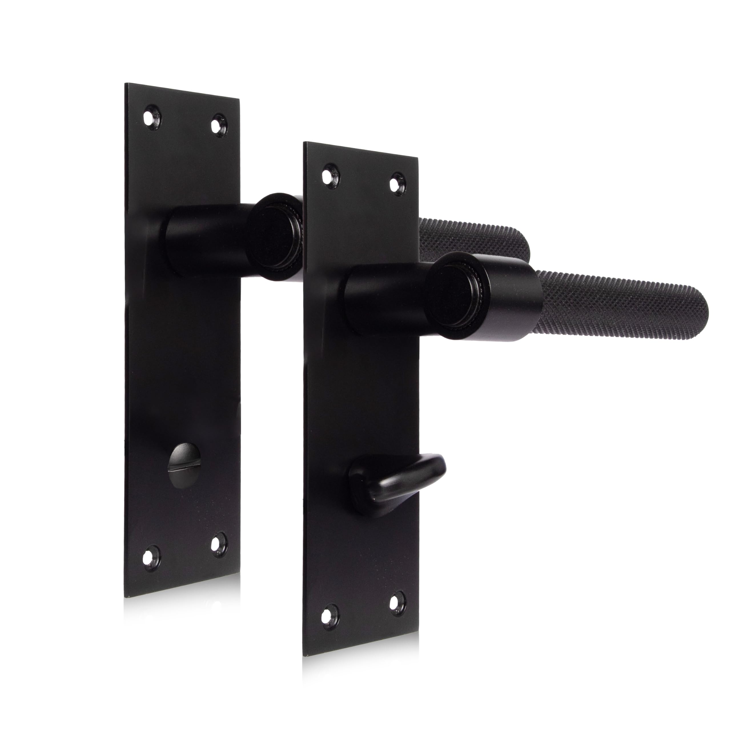 Xfort Matt Black Onyx Collection, Slimline Backplate Bathroom Knurled Door Handles, (150X60mm) For Internal Wooden Doors