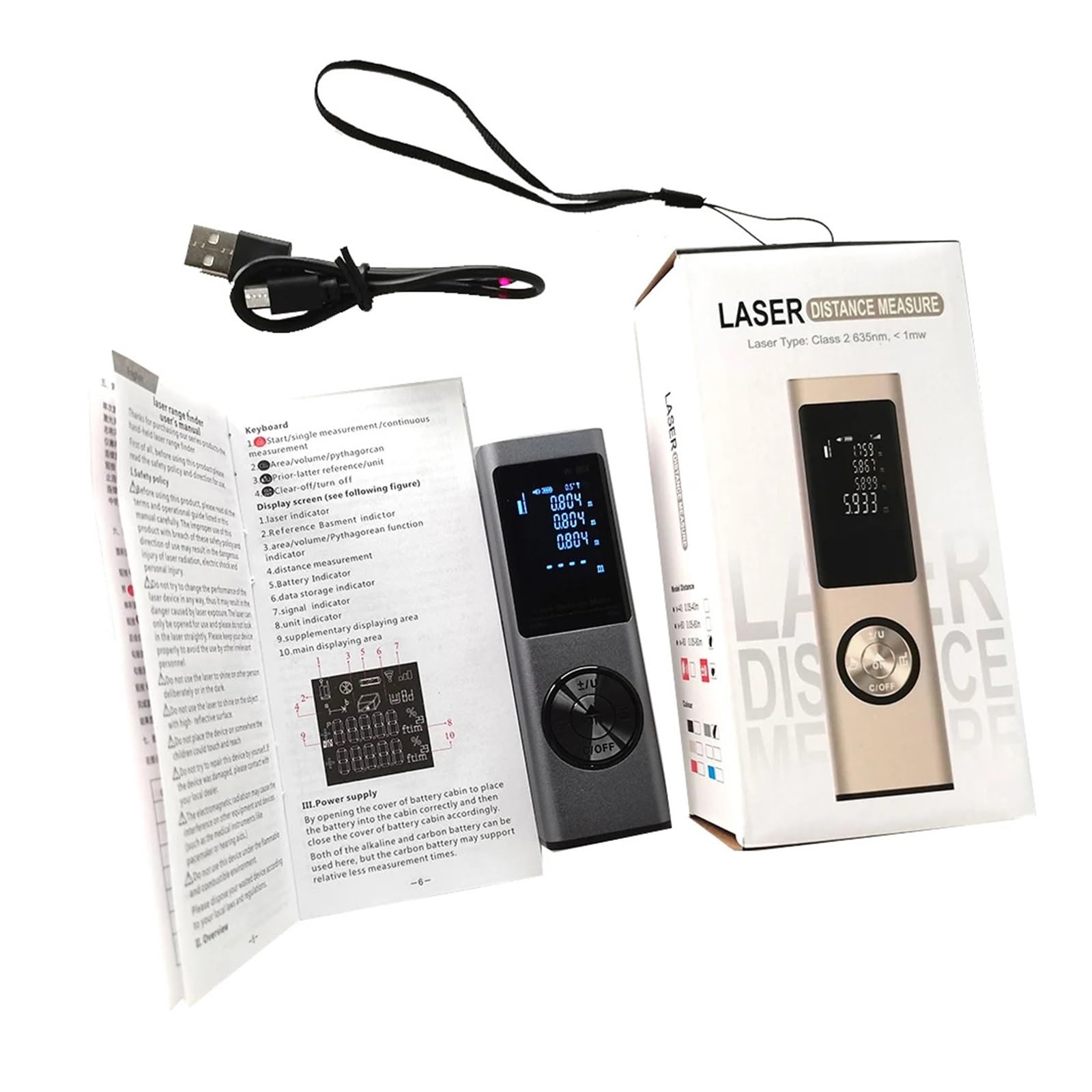 Misuratore di superficie terrestre, Mini Telemetro Misuratore Di Distanza 40M 60M 80M Telemetro Digitale Ricaricabile Area Volume Strumento Di Misurazione Multi-anlo Misura distanza, area e volume(60M