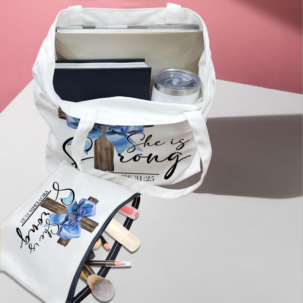 Christian Gifts for Women, Girls Preppy Bow Canvas Tote Bag Makeup Bag Set, Inspirational Bible Verse Religious Gifts Birthday Retirement Anniversary Reusable Grocery Bags Travel Cosmetic Bags - Image 3