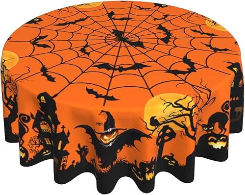 Giwawa Mantel redondo de Halloween de 60 pulgadas, mantel circular de castillo de calabaza, gato, negro, naranja, murciélago, araña, reutilizable,