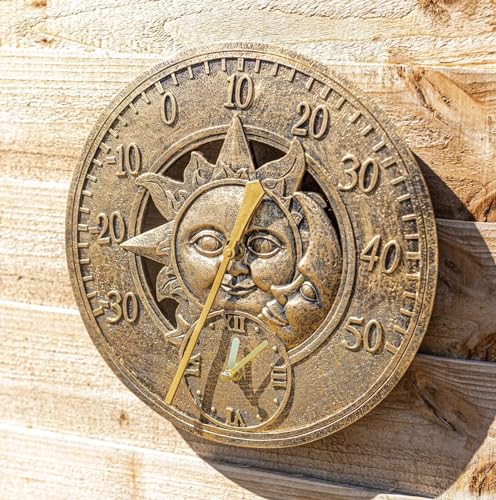Garden Mile® Vintage Sun and Moon Bronze Effect Wall Clock - Power Operated Waterproof and Weatherproof Garden Clock - Indoor or Outdoor Decorative Ornament Clock for Living Room, Home Decor (30cm)