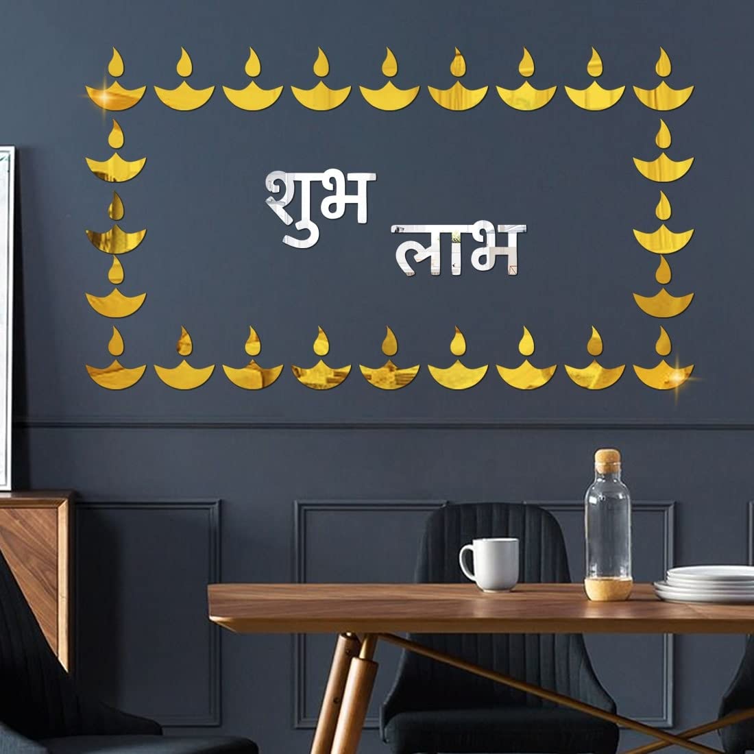 WallDaddy - Self Adhesive Diwali Decoration Stickers (24DiyeGoldWithSubhLabhSilver) Mirror Wall Mount Murals Wall Stickers for Home & Festivals