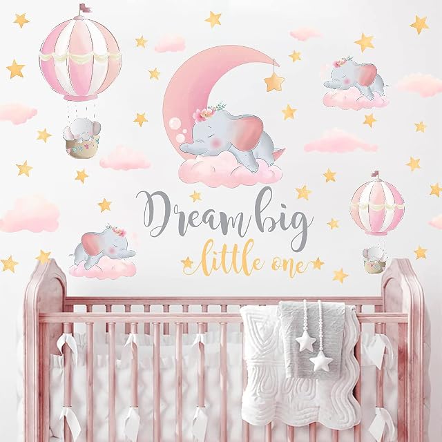 KAIRNE Elephant Nursery Wall Stickers,Dream Big Little One Yellow Stars Wall Decal,Baby Elephant Animal Cute Wall Art Stickers for Bedrooms for Girls,Baby Nursery Decor(38 pcs)